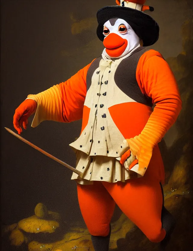 Prompt: an anthropomorphic bipedal clownfish that is dressed in medieval robes, as a matte oil painting, d & d character art, by rembrandt, standing, fullbody, magic, aura, bubbles, award - winning, extremely detailed, sharp focus