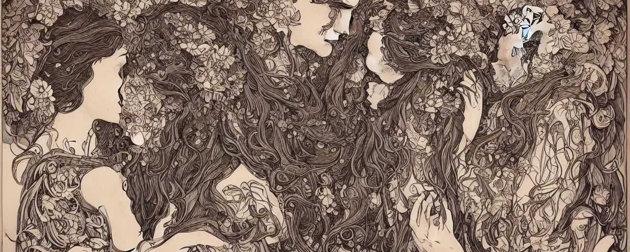 Prompt: a couple in love. she has dark wavy hair. he is bald. in the style of art nouveau. floral. hyper detailed. intricate. beautiful.