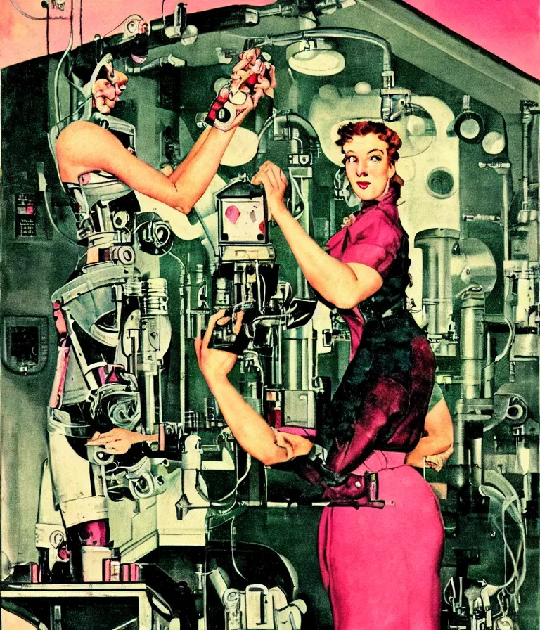 Image similar to a female mad scientist building a manly robot, in a darkly lit laboratory room, 1 9 5 0 s horror film movie poster style, ( norman rockwell oil painting ), retro science fiction, vintage, saturated pink and green lighting, shadowy lighting, cohesive