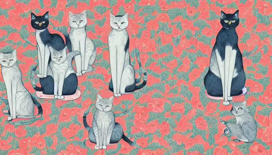 Image similar to artwork of really tall sitting cats by james jean, thick brush, 4 k resolution, floral background