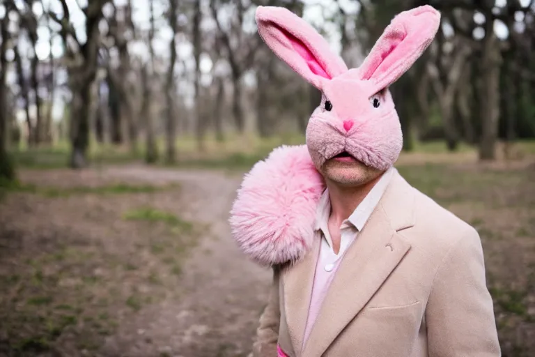 Image similar to Tom Cruise, wearing a pink rabbit costume, portrait photography, depth of field, bokeh