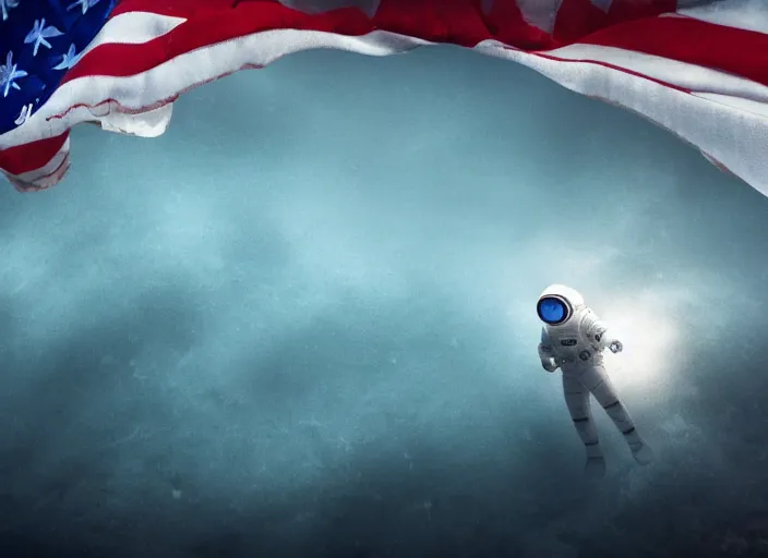 Image similar to astronaut underwater putting a flag in the sand of the bottom of the ocean. there is a futuristic submarine in the distance. dark, concept art, cinematic, dramatic, atmospheric, 8 k, trending on artstation, low visibility, fog, zack snyder