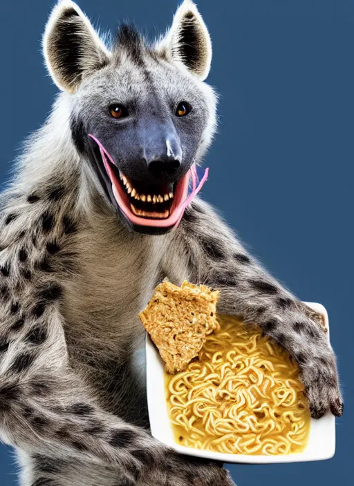 Image similar to An anthropomorphic blue hyena holding a block of ramen