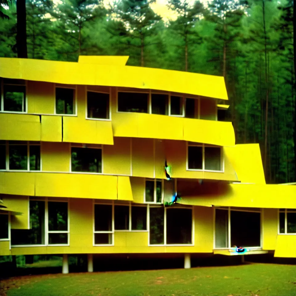 Image similar to a flat leveled mid-century modern house with big tiles in a forest, designed by Frank Gehry. Film grain, cinematic, yellow hue