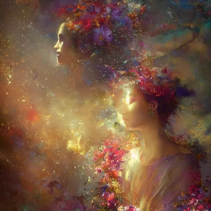 Image similar to glimmering whale, flowing dress, flowers, cosmos, milky way galaxy, swirling, dancing, golden hour, god rays, coral reef, dreamscape by artgerm and ruan jia and ismail inceoglu and greg olsen, masterpiece, beautiful, intricate, elegant, highly detailed