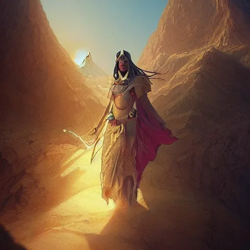 Prompt: “an interdimensional explorer, wandering through the desert, afterlife, Egyptian, D&D, fantasy, intricate, cinematic lighting, highly detailed, digital painting, artstation, concept art, smooth, sharp focus, illustration, art by Artgerm and Greg Rutkowski and Alphonse Mucha”