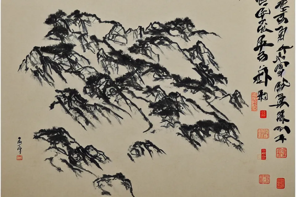 Prompt: plotter drawing the life, traditional chinese ink painting, yellowing paper.