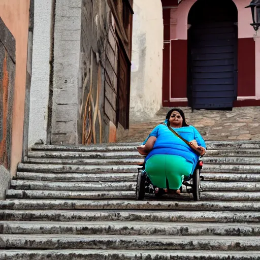 Image similar to an obese indian woman in a wheelchair on steps in Porto, detailed photo