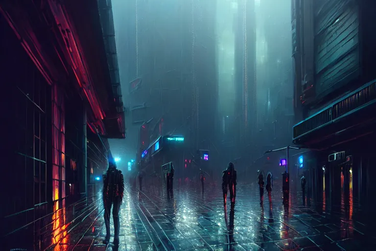 Prompt: gigantic cyberpunk megastructure, sidewalk, night, dramatic lighting, raining, chiaroscuro, high detail, painted by greg rutkowski, painted by igor kieryluk, painted by raymond swanland, trending on artstation