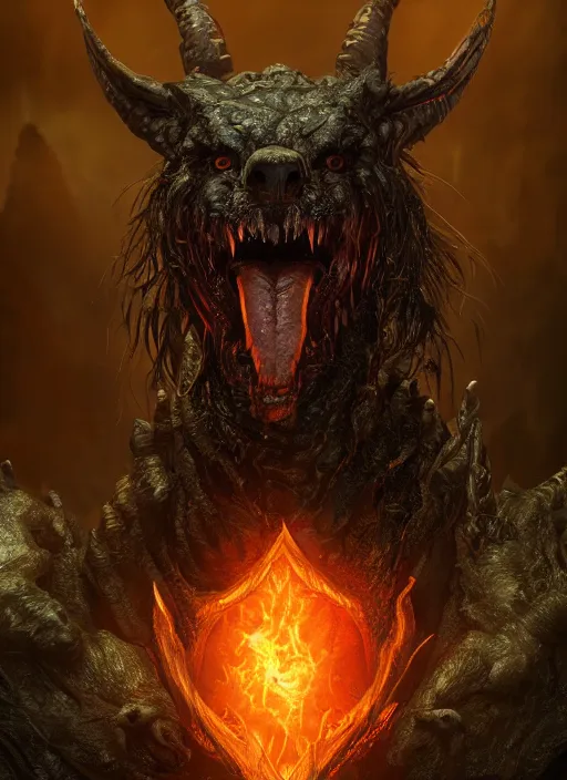 Image similar to hellhound, ultra detailed fantasy, elden ring, realistic, dnd character portrait, full body, dnd, rpg, lotr game design fanart by concept art, behance hd, artstation, deviantart, global illumination radiating a glowing aura global illumination ray tracing hdr render in unreal engine 5