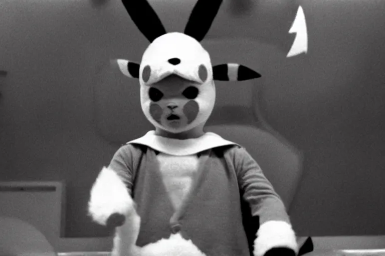 Image similar to Jack Nicholson dressed up in costume of Pikachu, still from the film by Stanley Kubrick
