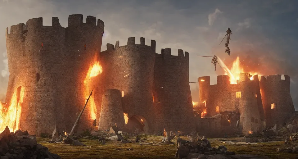 Image similar to five giant and powerful medieval trebuchets in the front, fireing on a medieval fortress far away, destroying the walls, fire and explosion, debris flying around, octane render, unreal engine