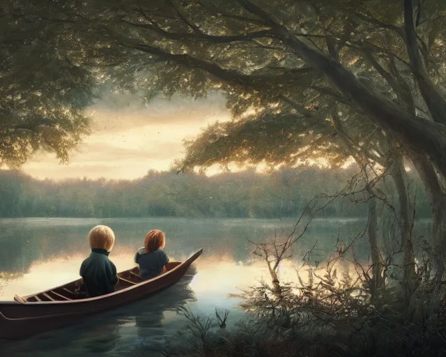 Prompt: a boy and a girl with long flowing auburn hair sitting together on the rowboat. Boy has black short hair, boy has black short hair. Atmospheric lighting, long shot, romantic, boy and girl are the focus, trees, river. Oil Painting, Trending on Artstation, octane render, Insanely Detailed, 8k, HD