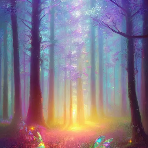 Image similar to may 1 0, 1 9 9 2, iridescent fairy forest, beautiful oil painting, trending on artstation, hyperdetailed, cinematic lighting