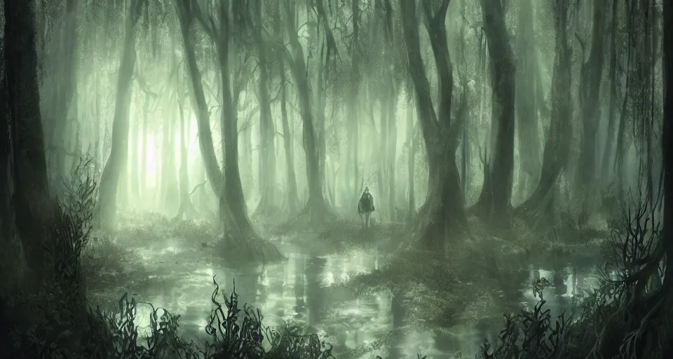 Image similar to A dense and dark enchanted forest with a swamp, by Charlie bowater