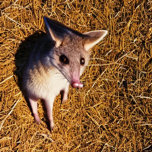 Image similar to a low angle photo of a possum fox hybrid, at the golden hour, sunset, sunrise, warm lighting, strongshadows, photo by slim aarons, award winning, 4 k, from below, worms - eye - view, low angle