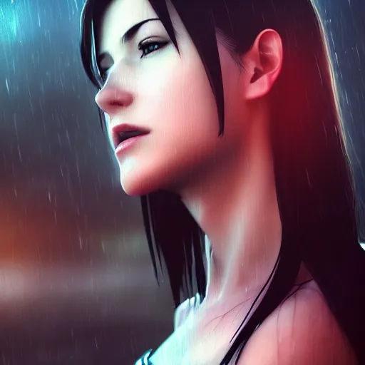 Prompt: elegant Tifa Lockhart, face centered portrait, Confident, fog, rain, volumetric lighting, beautiful, golden hour, sharp focus, ultra detailed, cgsociety by Leesha Hannigan, Ross Tran, Thierry Doizon, Kai Carpenter, Ignacio Fernández Ríos