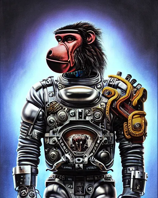 Image similar to a portrait of a muscular anthropomorphic cyberpunk baboon in spacesuit armor with ensignia on chest plate by sandra chevrier, by jon foster, detailed render, pistol in holster, extremely hyperdetailed, tape deck, epic composition, cybernetics, 4 k realistic, cryengine, realistic shaded lighting, sharp focus, masterpiece, by enki bilal