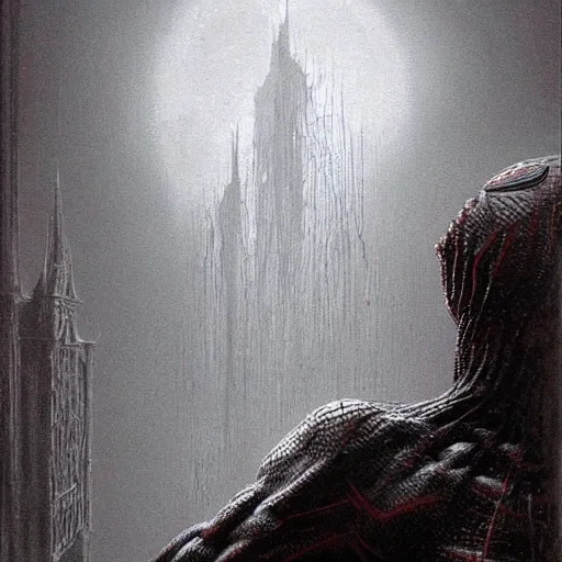 Prompt: spiderman as a dark souls boss by zdzisław beksiński