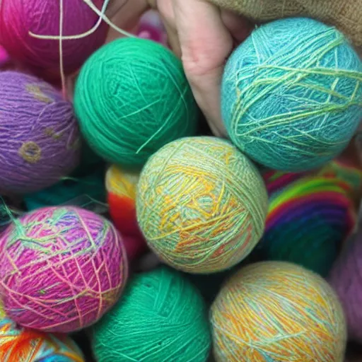 Prompt: getting lost in a yarn store when you are 1cm tall, yarn balls falling everywhere, beautiful katamari, honey we shrink the kids, bright colourful yarn balls, illustrative style