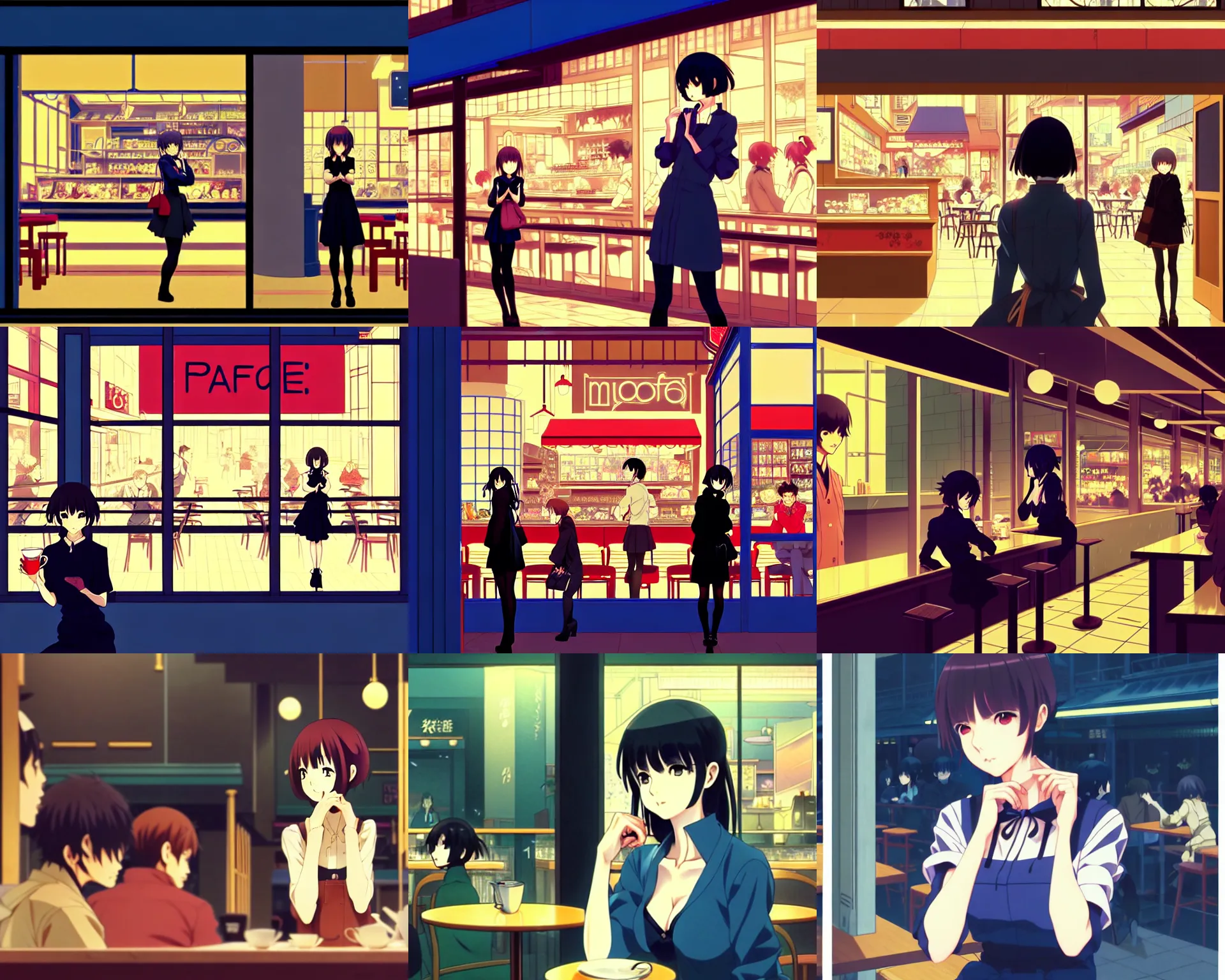 Prompt: anime frames, anime visual, portrait of a young woman visiting a busy cafe interior at night shopping, very low light cute face by ilya kuvshinov and yoh yoshinari, katsura masakazu, mucha, dynamic pose, dynamic perspective, strong silhouette, anime cels, rounded eyes, blue tint, contrasting shadows