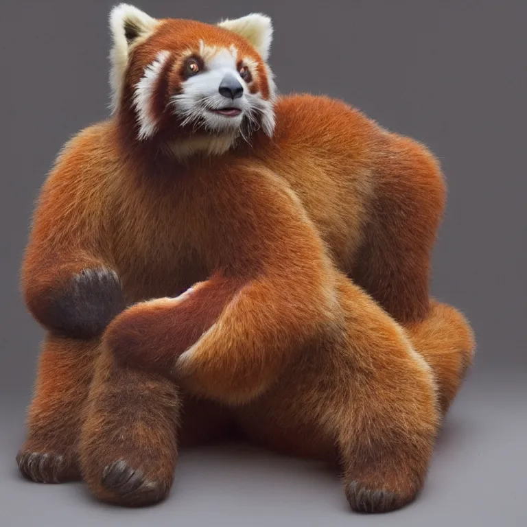 Image similar to hyperrealistic sculpture of the fossilized remains of a giant red panda with some flesh attached on a pedestal by ron mueck and duane hanson and damien hirst, hyperrealistic dramatic colored lighting trending on artstation 8 k