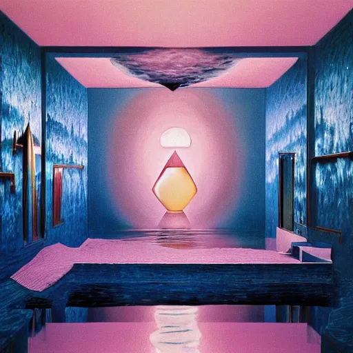 Image similar to hyperrealistic geometric objects in a surreal minimalistic 8 0's dreamscape environment by salvador dali, enormous emoji, highly detailed, 3 d render, octane, beautiful lighting, photorealistic, intricate, elegant, wayne barlowe, water, mirrors, pink doorway, beautiful, masterpiece, trending on artstation, palm tree