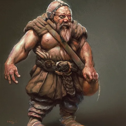 Image similar to “dnd dwarf, carrying big sack, by paul bonner”