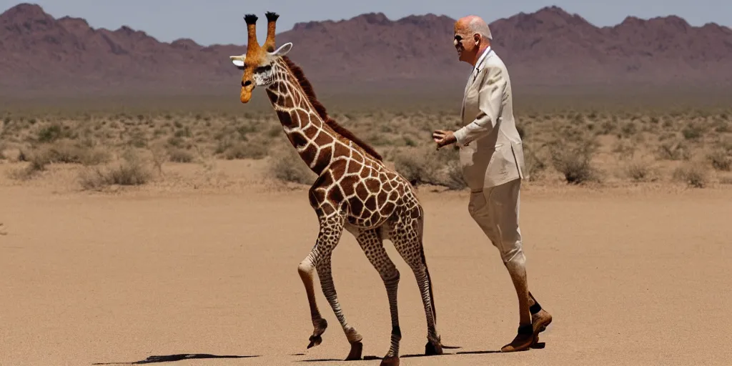 Image similar to Joe Biden in a giraffe suit , walking in the desert