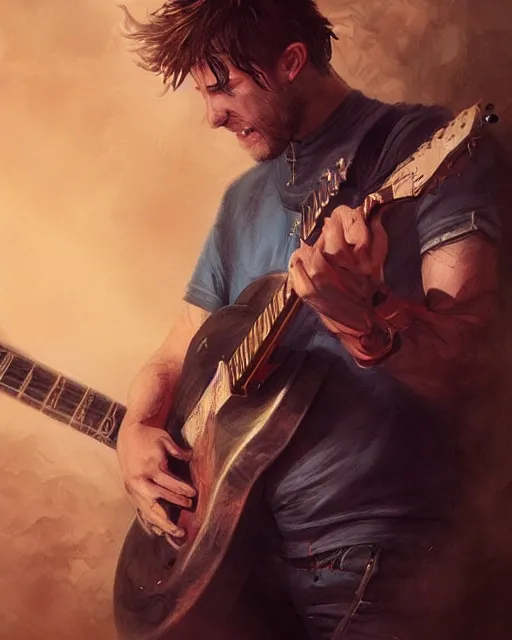 Image similar to chris tt playing guitar, hyper realistic face, fantasy art, in the style of greg rutkowski, intricate, hyper detailed