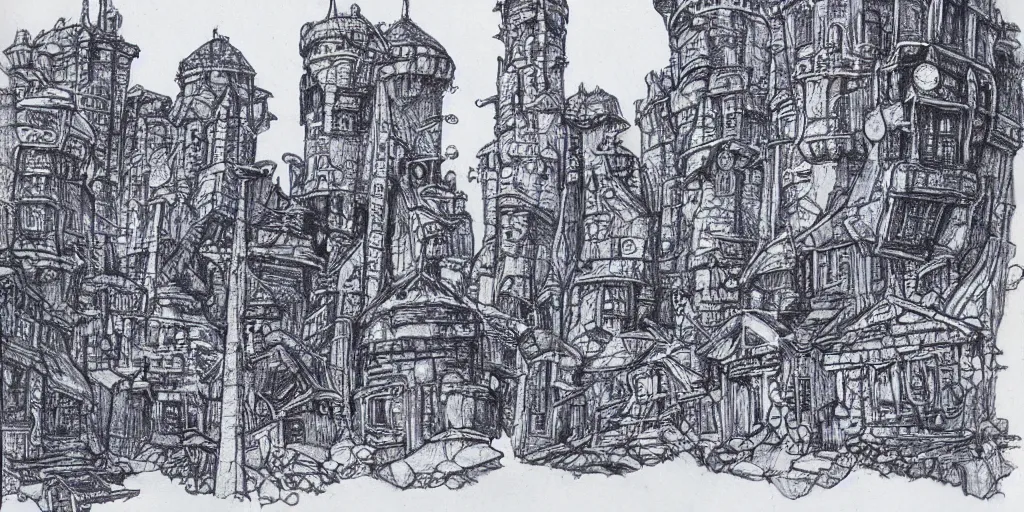 Image similar to Blue ballpoint pen drawing of a concept art of a stone town in orbit around a tower with amazing details by Maurice Sendak.