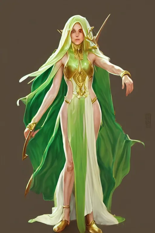 Prompt: Female cleric, golden-white robes, fantasy, green eyes, extremely detailed face!, young, 2 arms and 2 legs!, shaped derriere, looking from side and bottom!, artstationHD, octane, by artgerm and wlop