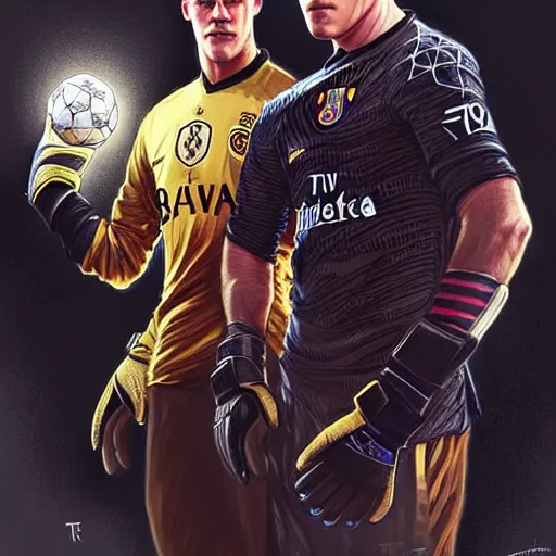 Prompt: Ter Stegen holding a bomb in his gloves, Barcelona and Germany goalkeeper, D&D, fantasy, intricate, elegant, highly detailed, digital painting, artstation, concept art, matte, sharp focus, illustration, art by Artgerm and Greg Rutkowski and Alphonse Mucha