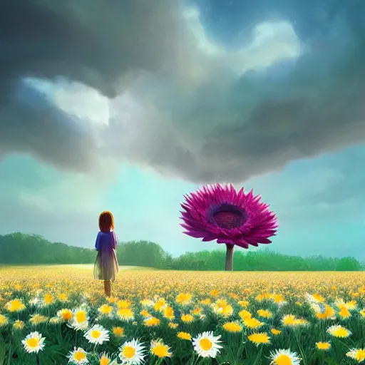 Image similar to giant daisies flower as head, girl sitting in a flower field, surreal photography, sunrise, dramatic light, impressionist painting, colorful clouds, digital painting, artstation, simon stalenhag