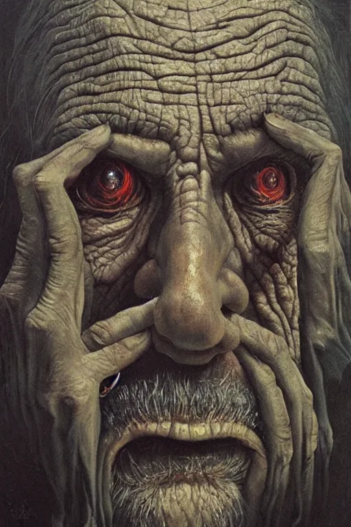 Prompt: hyperrealism oil painting, close - up portrait of a scary old man with a thousand eyes and mandibles, in style of baroque zdzislaw beksinski