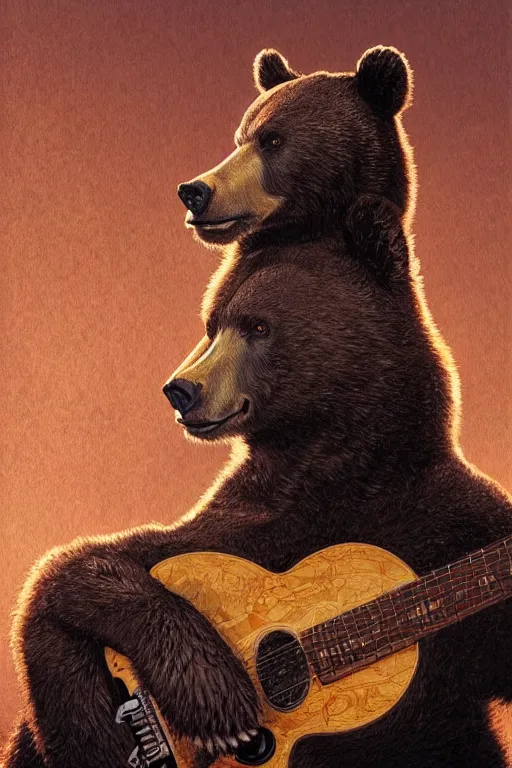 Image similar to realistic bear playing broken lines electric guitar, realistic portrait, symmetrical, highly detailed, digital painting, artstation, concept art, smooth, sharp focus, illustration, cinematic lighting, art by artgerm and greg rutkowski and alphonse mucha