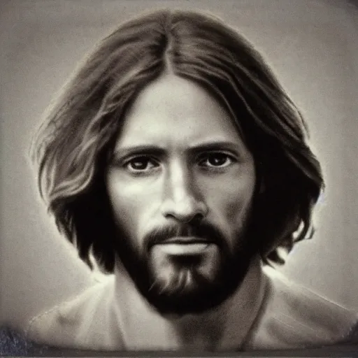 Prompt: A photograph portrait of Jesus Christ, taken in the early 1970s, grainy, taken on a 1970s Polaroid Camera, realistic, hyperrealistic, very realistic, highly detailed, very detailed, extremely detailed, detailed, digital art, trending on artstation, B&W