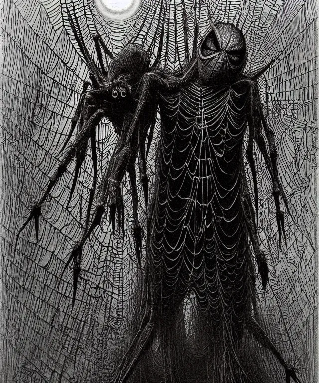 Image similar to a spiderwoman standing all covered in spiders. arachnophobia, fear of spiders, incredible number of spiders and bugs. extremely high details, spider paws and eyes, realistic, horror, creepy, web, masterpiece, art by zdzislaw beksinski, arthur rackham, dariusz zawadzki, ed binkley