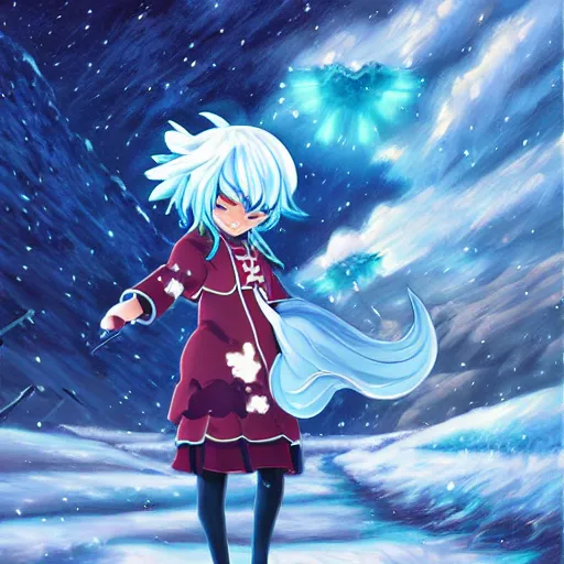 Prompt: cirno in a snowy landscape, touhou character, oil painting by Dan Mumford, anime portrait
