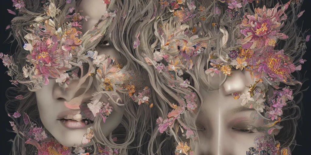 Image similar to breathtaking detailed concept art painting kaleidoscope art deco pattern of blonde faces goddesses amalmation flowers, by hsiao - ron cheng, bizarre compositions, exquisite detail, extremely moody lighting, 8 k