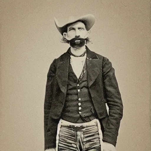 Image similar to A photograph portrait of Jerma985 as a cowboy with a pyramidal mustache in the late 1800s, taken in the late 1800s, 1870s, grainy, taken on a Field View Camera, realistic, hyperrealistic, very realistic, highly detailed, very detailed, extremely detailed, detailed, digital art, trending on artstation