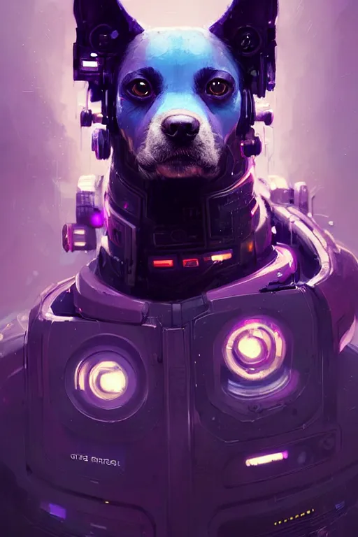 Prompt: a beautiful portrait of a cute cyberpunk dog by greg rutkowski and wlop and sandra chevrier, purple blue color scheme, high key lighting, volumetric light, digital art, highly detailed, fine detail, intricate, ornate, complex, octane render, unreal engine, photorealistic