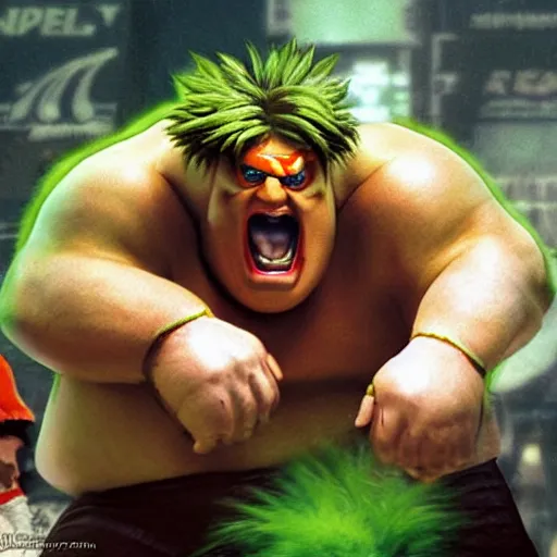 Image similar to Chris Farley as Blanka from Street Fighter ,photography, action shot