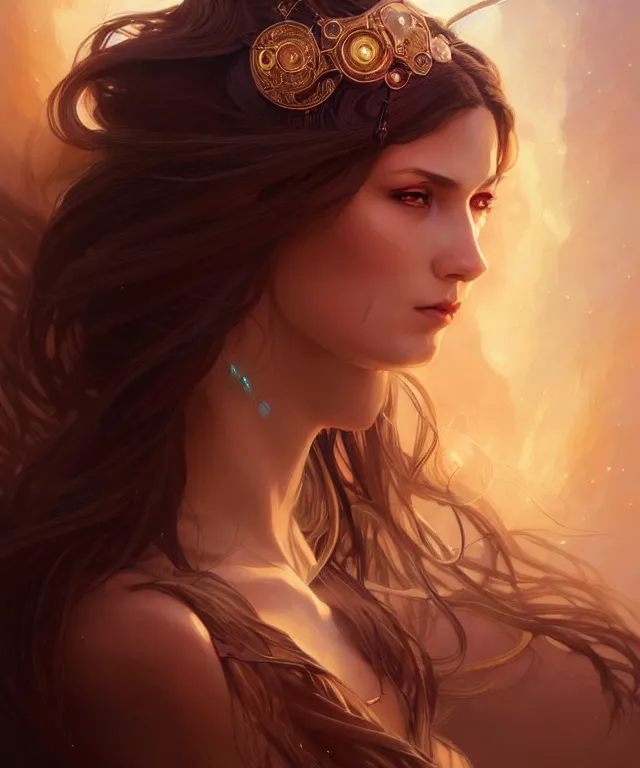 Image similar to fantasy magic woman portrait, sci-fi, amber eyes, face, long hair, fantasy, intricate, elegant, highly detailed, digital painting, artstation, concept art, smooth, sharp focus, illustration, art by artgerm and greg rutkowski and alphonse mucha