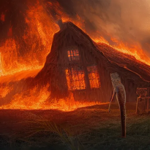 Prompt: a highly detailed cloaked creature from another dimension watching a house on fire, firestorm, wide perspective, low perspective, burning village, highly detailed digital art, cinematic, hyper realism, oil on canvas, trending on Artstation, octane render