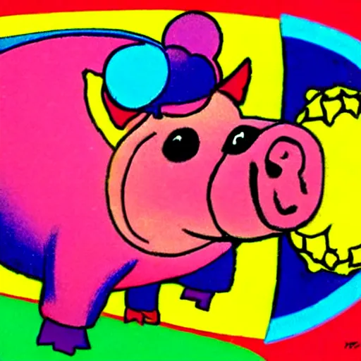 Image similar to lisa frank dashing pig wearing a simple gold throwing a football in the style of peter max