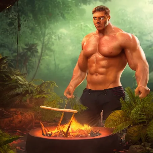Prompt: muscleman with peyote tea at jungle campfire full moon atmospheric octane render ultra photorealistic hyper detailed, trending on cgsociety, 4 k, award - winning, very extremely beautiful, gorgeous, dnd, fantasy