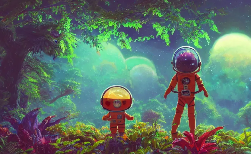 Prompt: a still of a cute adorable tiny astronaut, on a planet of lush colorful foliage, with an enormous kaiju dragon surrounding the full background, magical forest, sharp focus, neon backlit, highly detailed, disney pixar studio ghibli makoto shinkai, digital painting, matte, octane render, global illumination, iridescent, anime, 8 k concept art