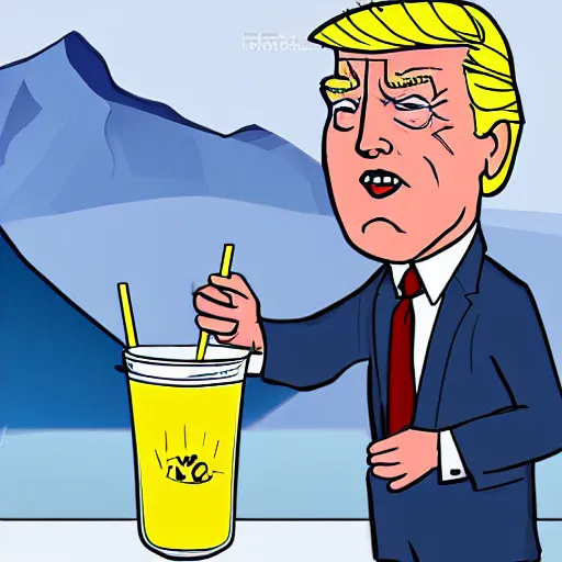 Prompt: cartoon drawing of Biden and Trump together drinking a lemon drink with Rio de Janeiro mountains on the background