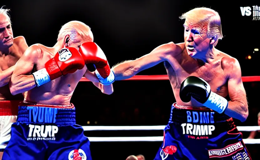 Image similar to boxing match between donald trump vs joe biden, stage lighting, award winning photo